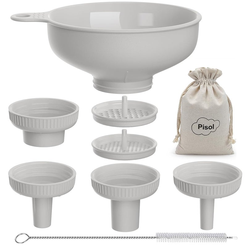 Pisol Wide Mouth Versatile Funnel, Canning Funnels for Kitchen Use, Food Grade Plastic Cooking Funnel Set with 4 Size Spouts and 2 Strainers for Filling Different Bottles and Bags, Grey - Image 1